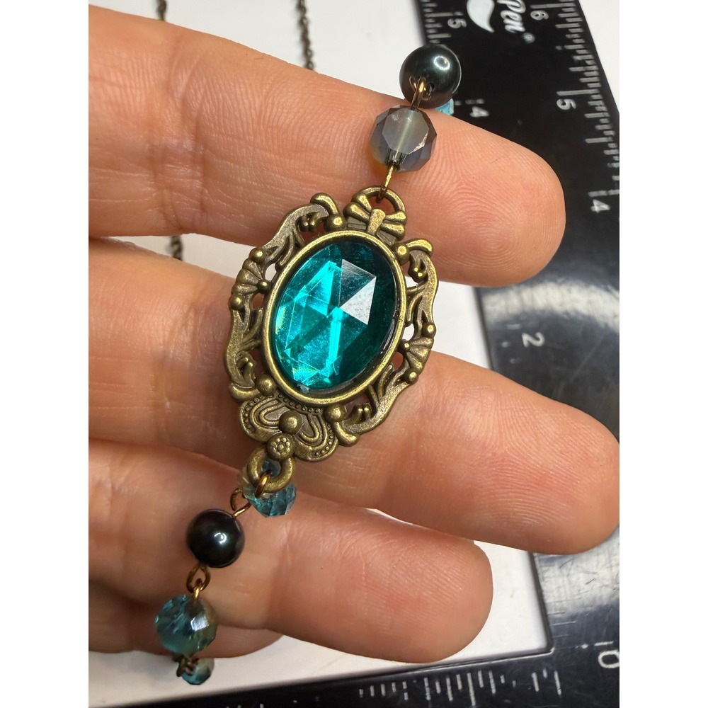 Antiqued Brass Teal Crystal Filigree Necklace Rose Toggle Clasp Victorian Style